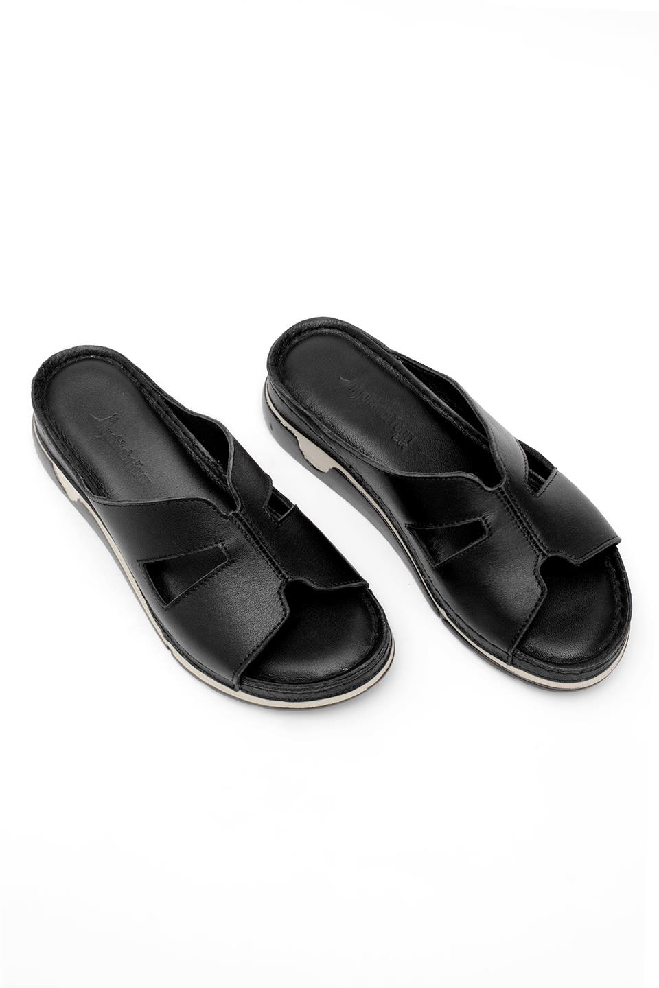 Elit RhmM-23 Kadın Hakiki Deri Ortopedik Düz Terlik Siyah