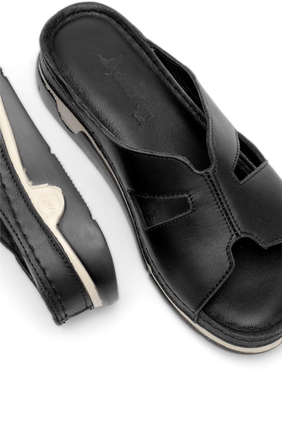 Elit RhmM-23 Kadın Hakiki Deri Ortopedik Düz Terlik Siyah