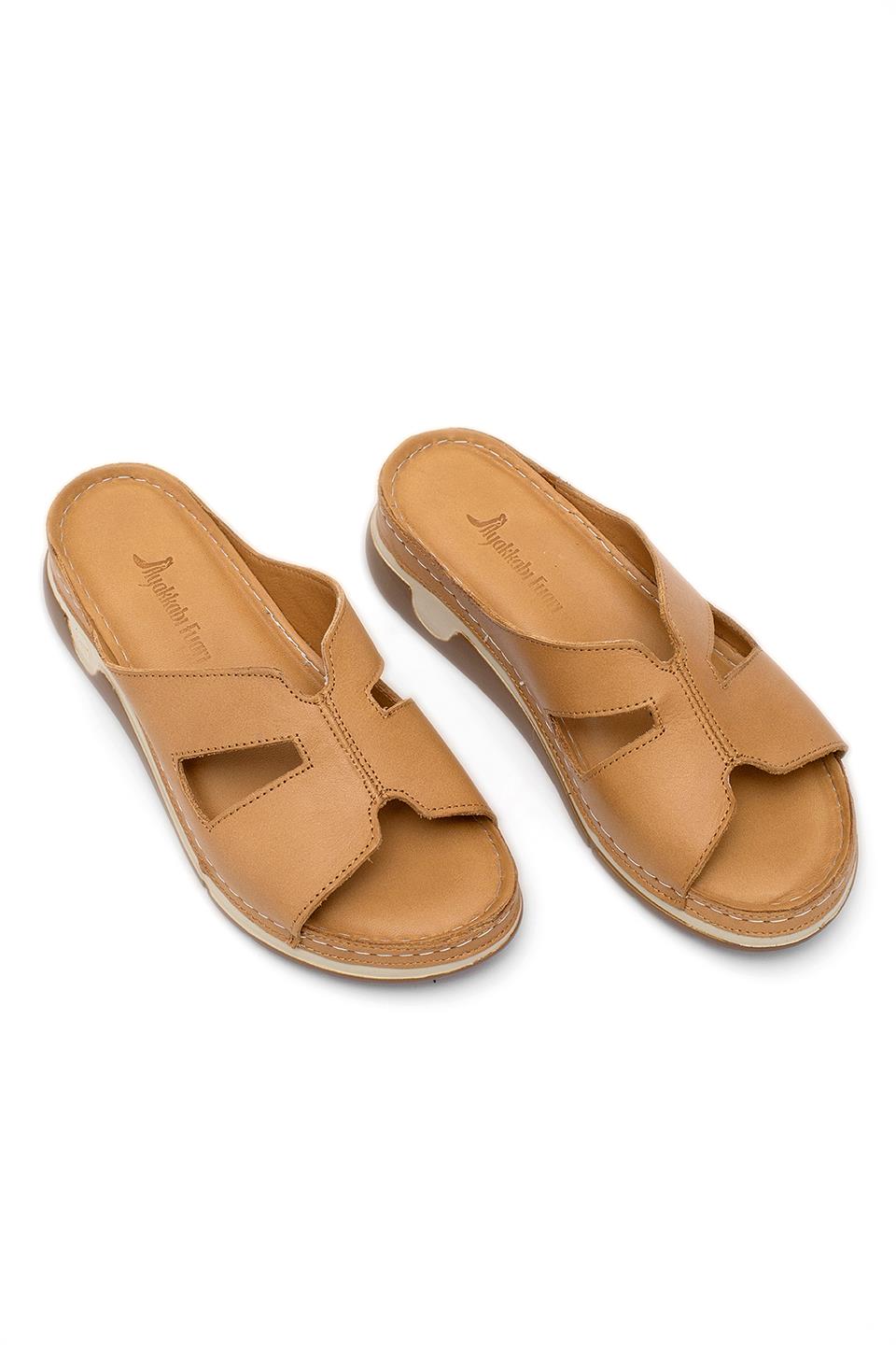 Elit RhmM-23 Kadın Hakiki Deri Ortopedik Düz Terlik Taba