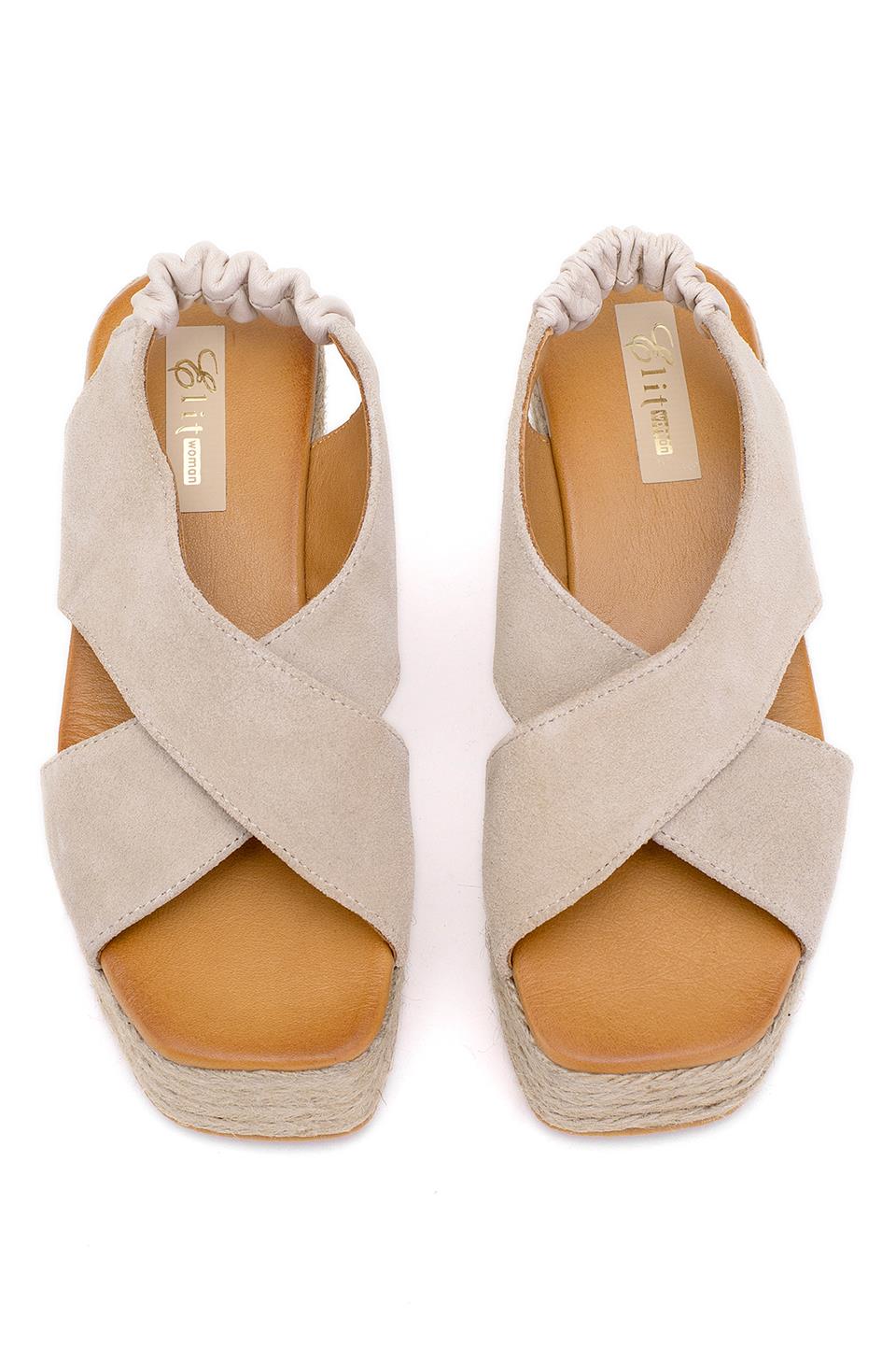 Elit Rosabelle Kadın Hakiki Süet Deri Dolgu Topuk Sandalet Bej