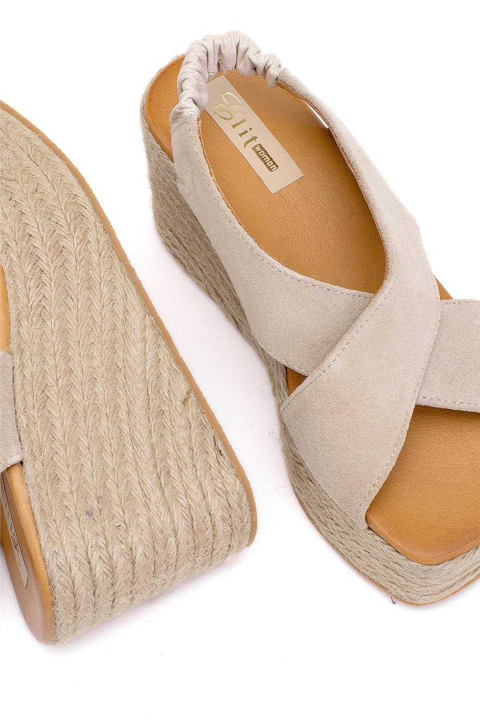 Elit Rosabelle Kadın Hakiki Süet Deri Dolgu Topuk Sandalet Bej