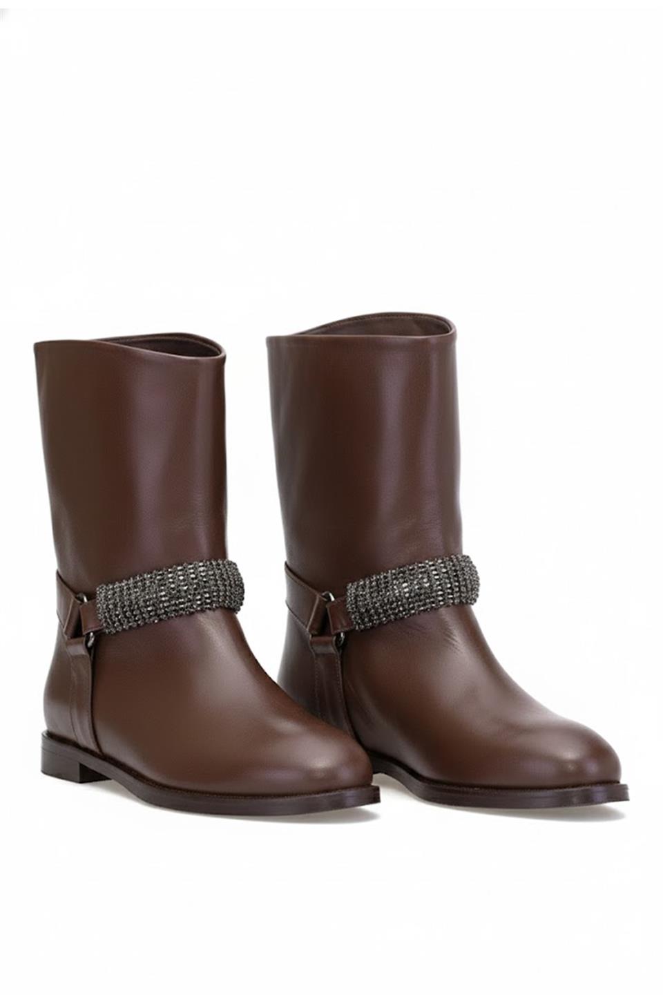 Elit Selindra Kadın Hakiki Deri Düz Bot Kahverengi