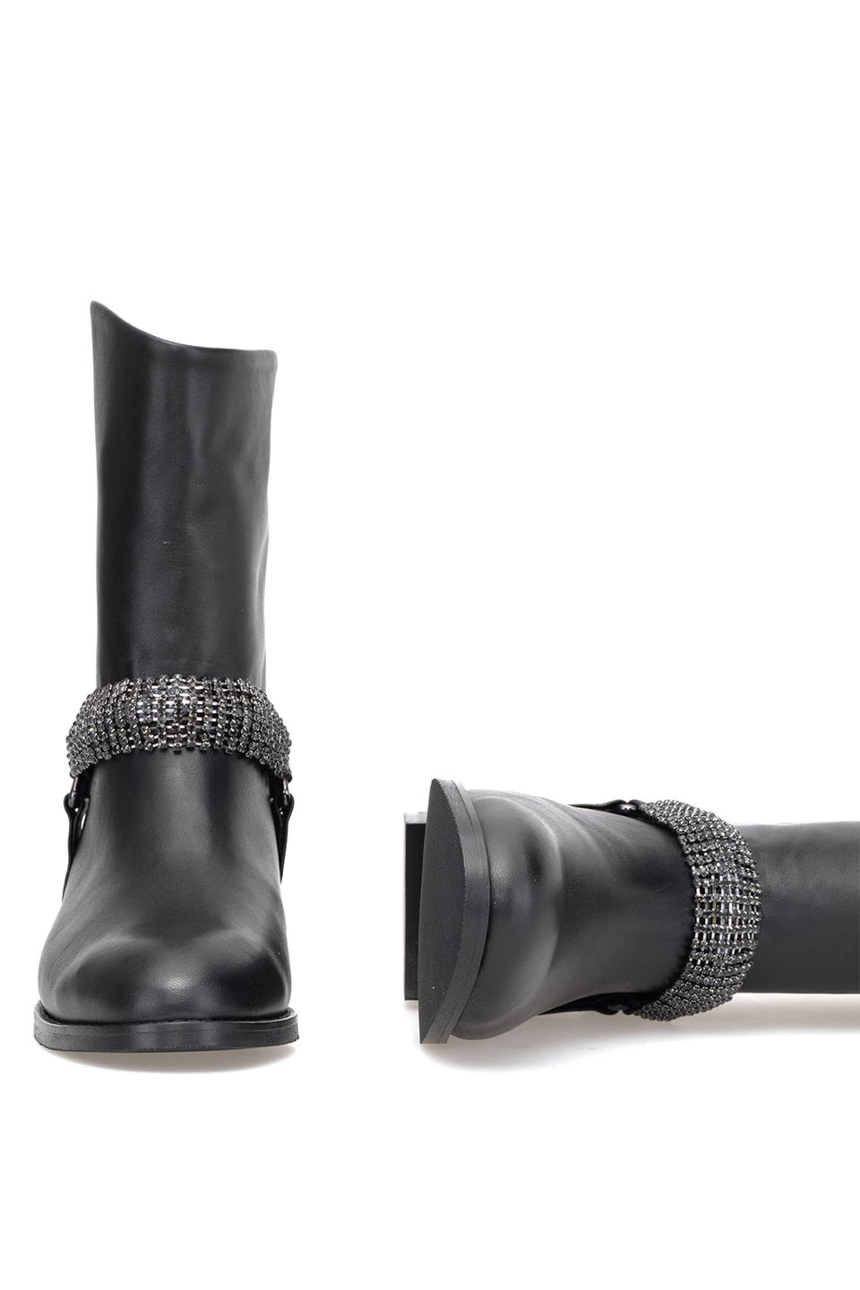 Elit Selindra Kadın Hakiki Deri Düz Bot Siyah