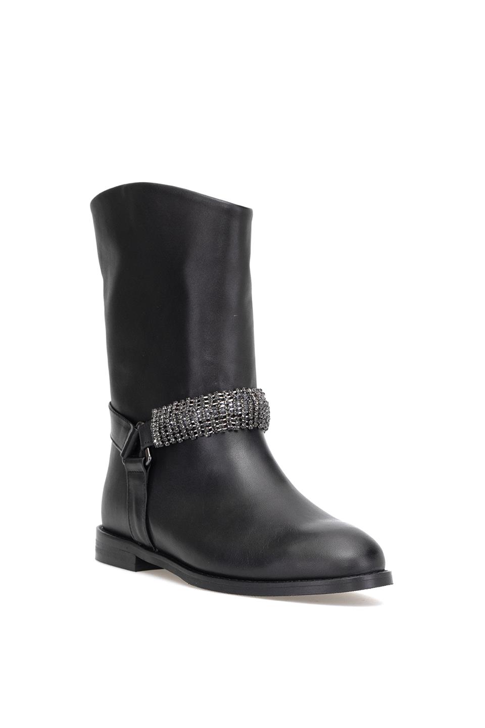 Elit Selindra Kadın Hakiki Deri Düz Bot Siyah