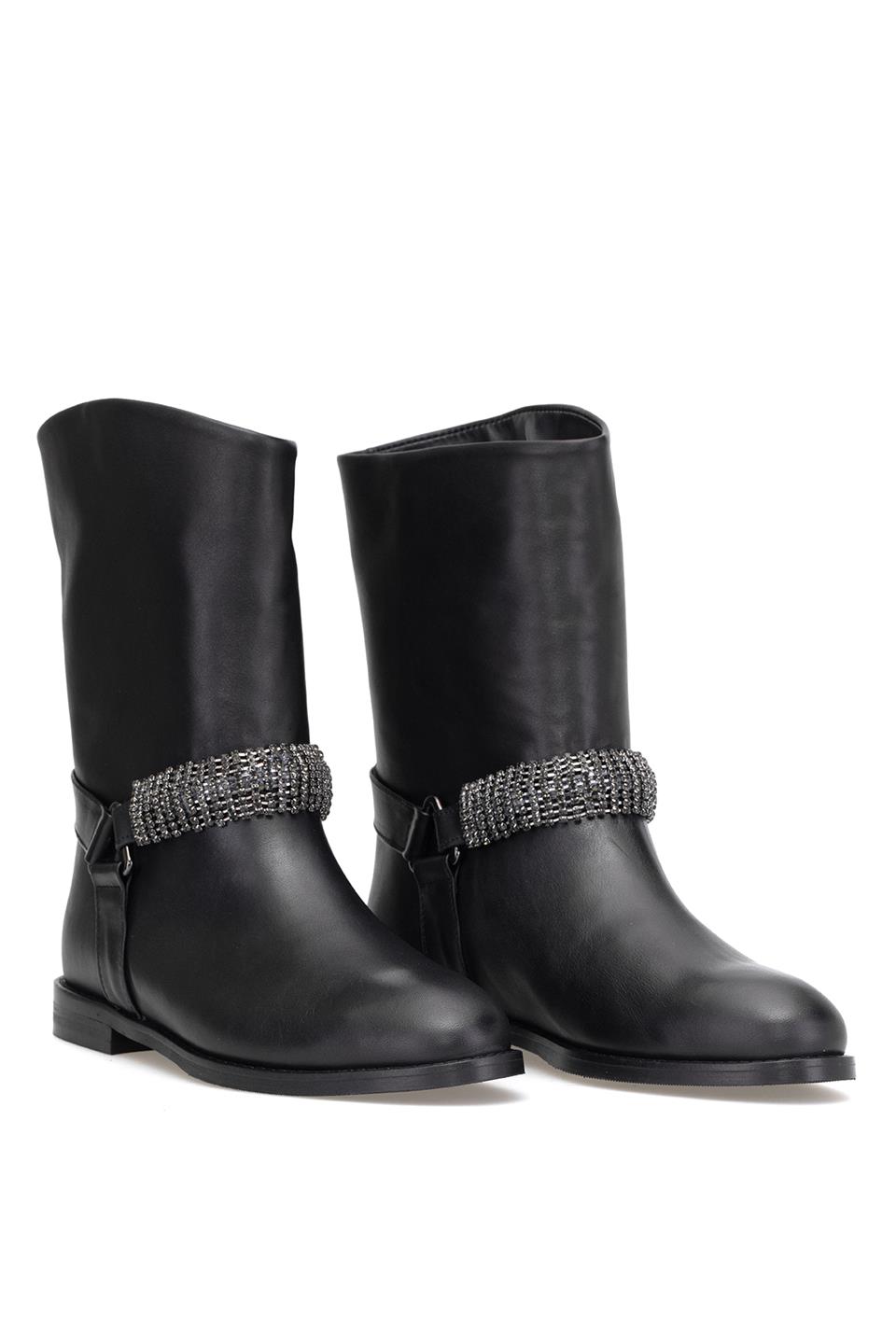 Elit Selindra Kadın Hakiki Deri Düz Bot Siyah