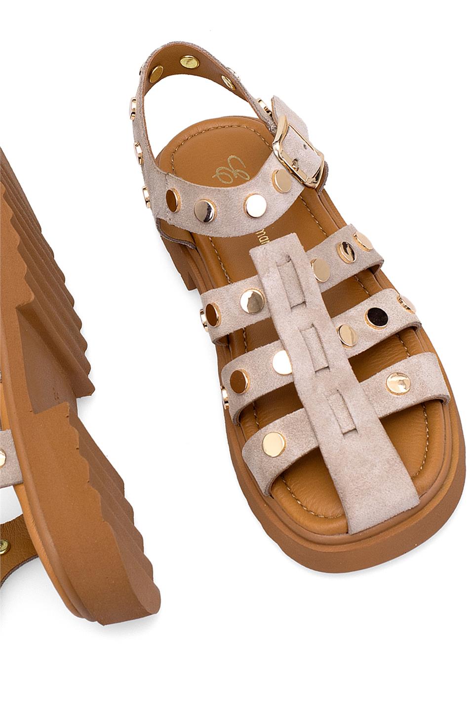 Elit Sylviana Kadın Hakiki Süet Deri Ortopedik Düz Sandalet Gri