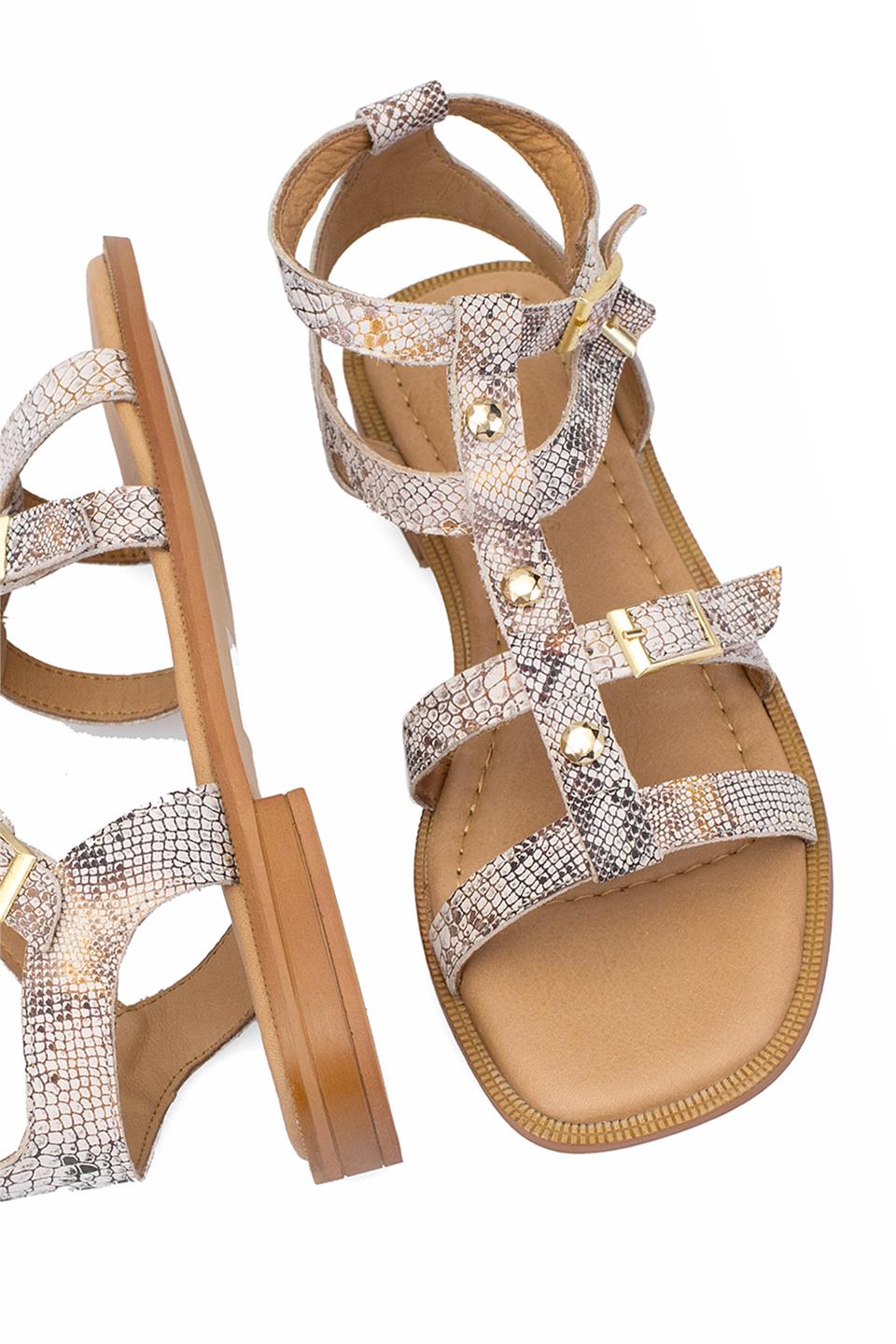 Elit Talia Kadın Hakiki Deri Düz Sandalet Bej