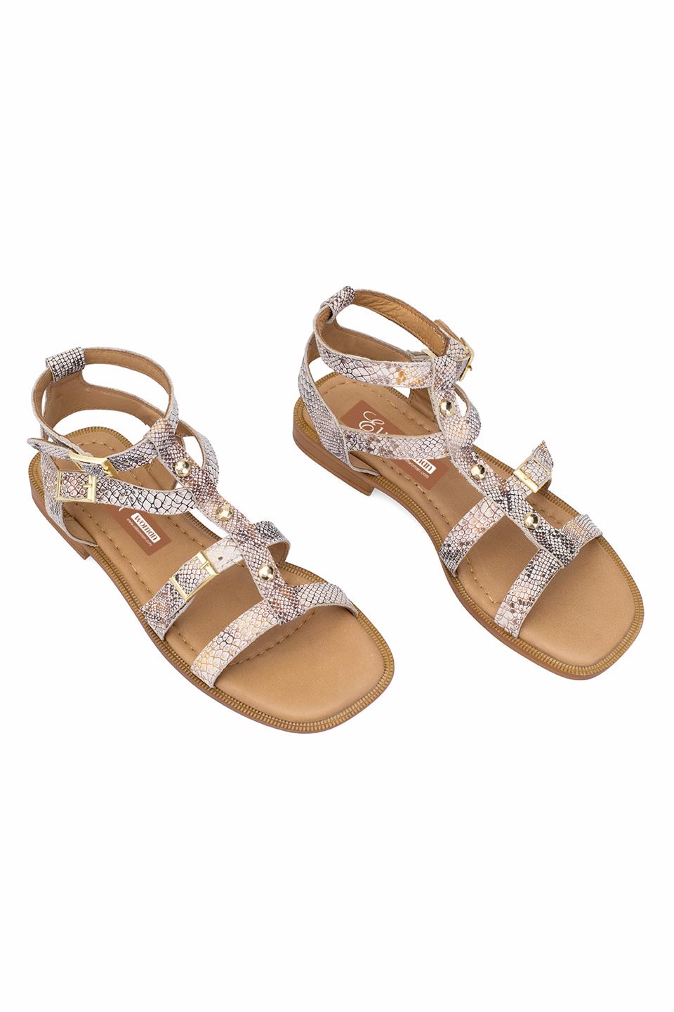 Elit Talia Kadın Hakiki Deri Düz Sandalet Bej