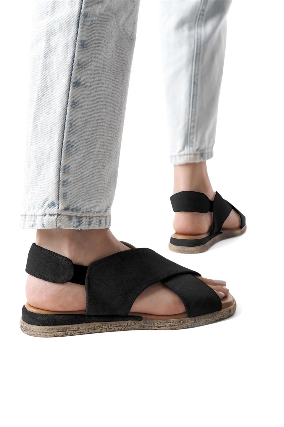 Elit Tera Kadın Hakiki Süet Deri Düz Sandalet Siyah