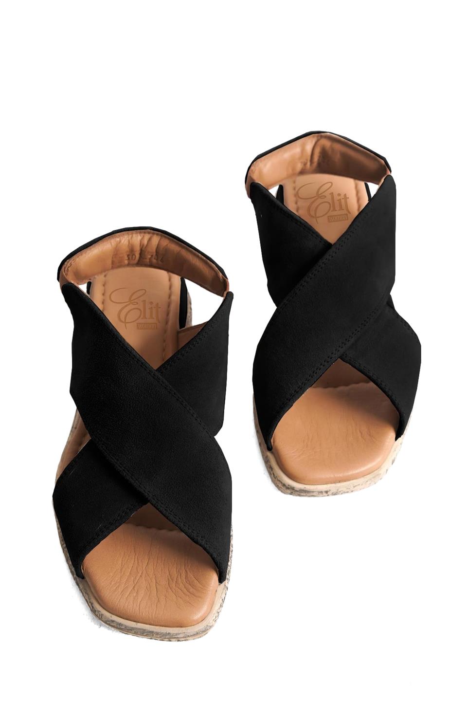 Elit Tera Kadın Hakiki Süet Deri Düz Sandalet Siyah
