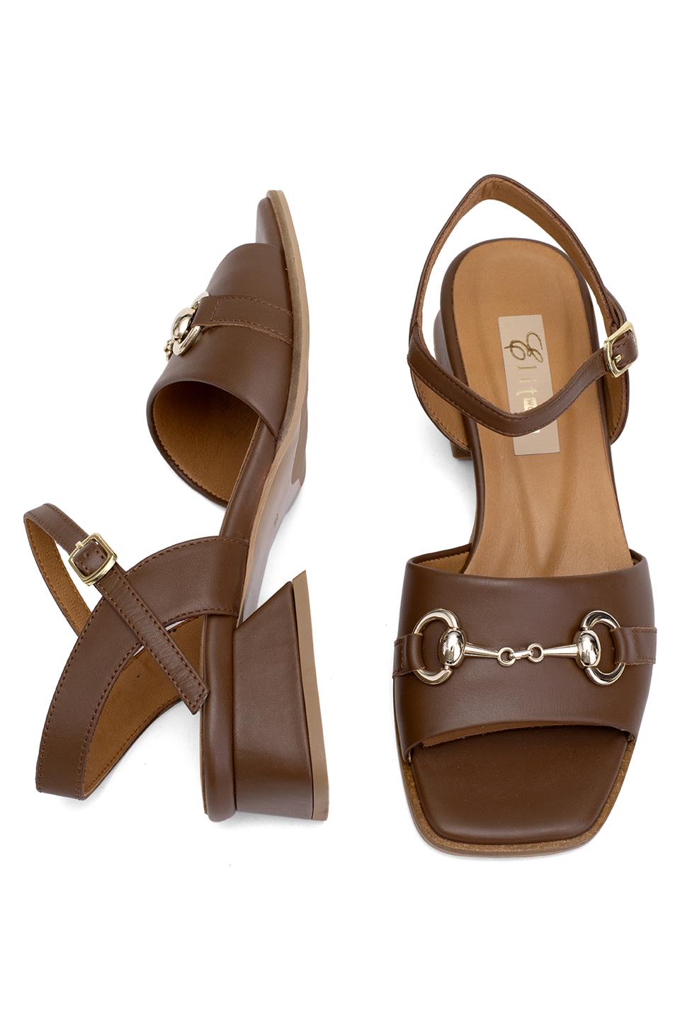 Elit Thalina Kadın Hakiki Deri Topuklu Sandalet Taba