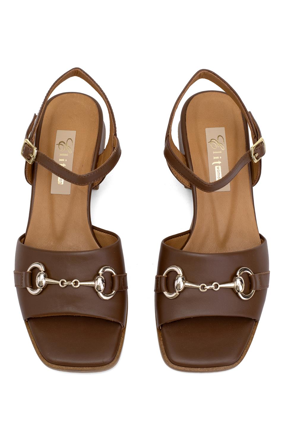 Elit Thalina Kadın Hakiki Deri Topuklu Sandalet Taba