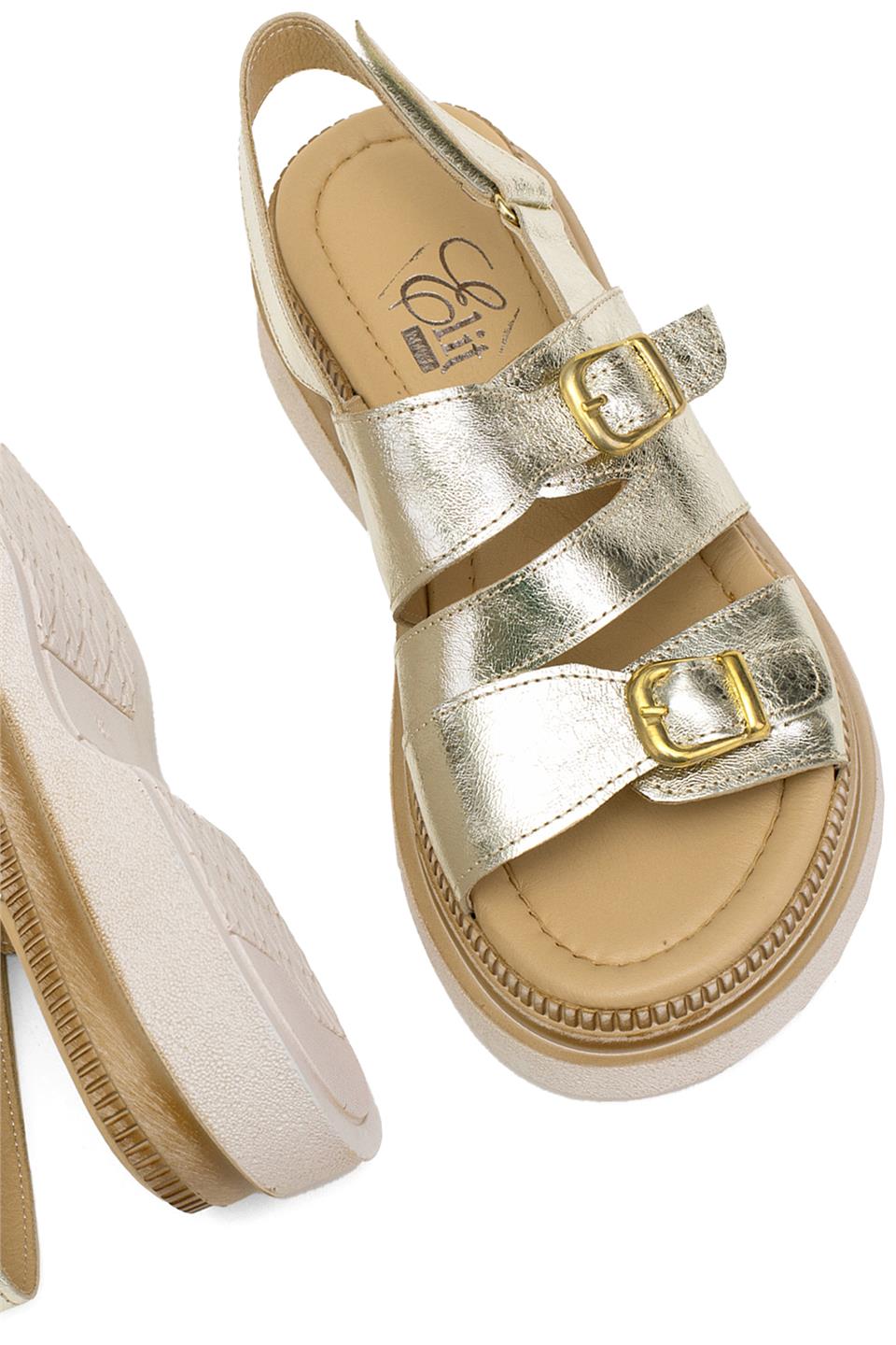 Elit Vesta Kadın Hakiki Deri Düz Sandalet Altın