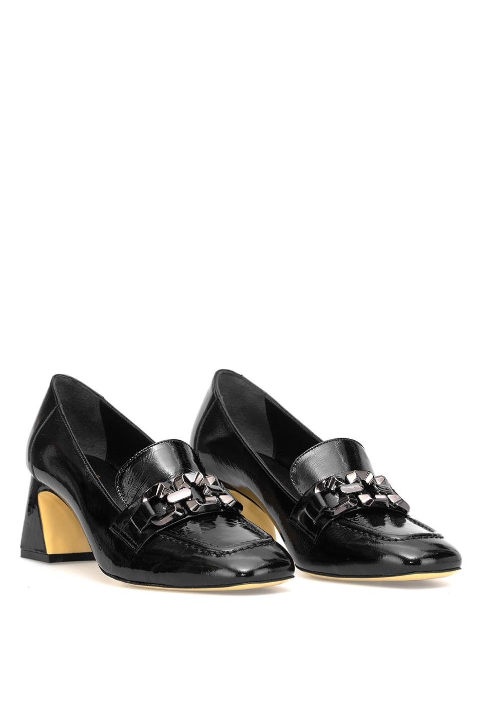 Elit Viena Kadın Hakiki Rugan Deri Klasik Topuklu Ayakkabı Siyah