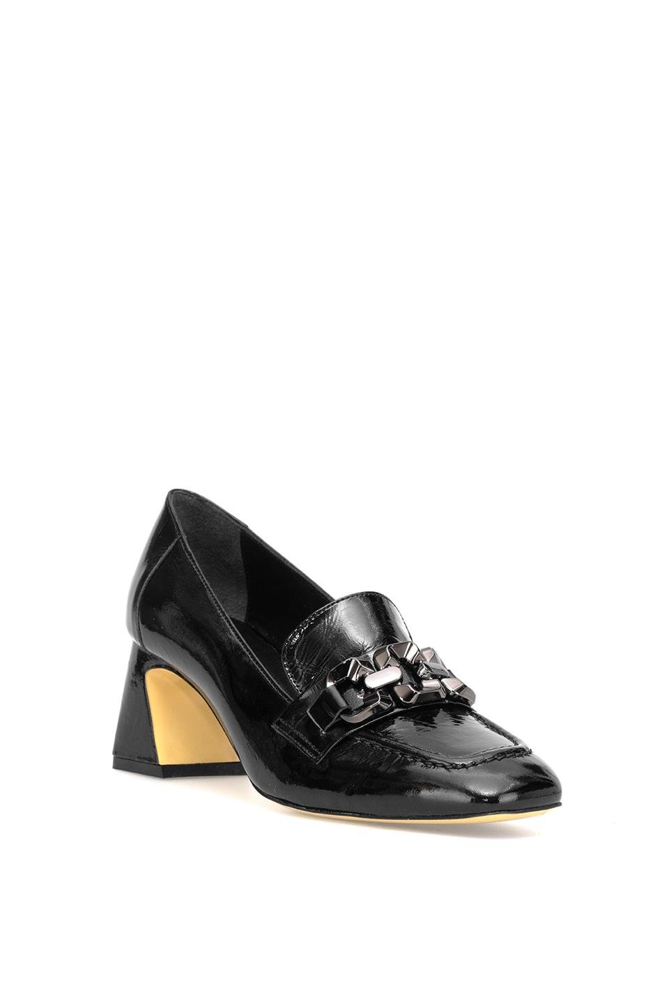 Elit Viena Kadın Hakiki Rugan Deri Klasik Topuklu Ayakkabı Siyah