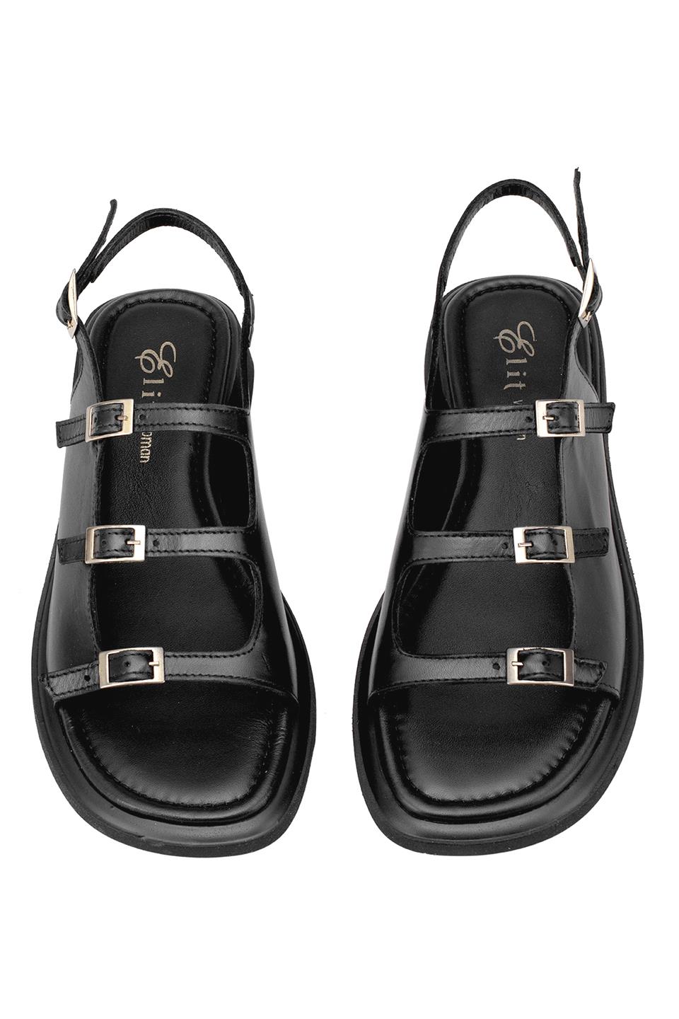 Elit Vivienne Kadın Hakiki Deri Ortopedik Düz Sandalet Siyah