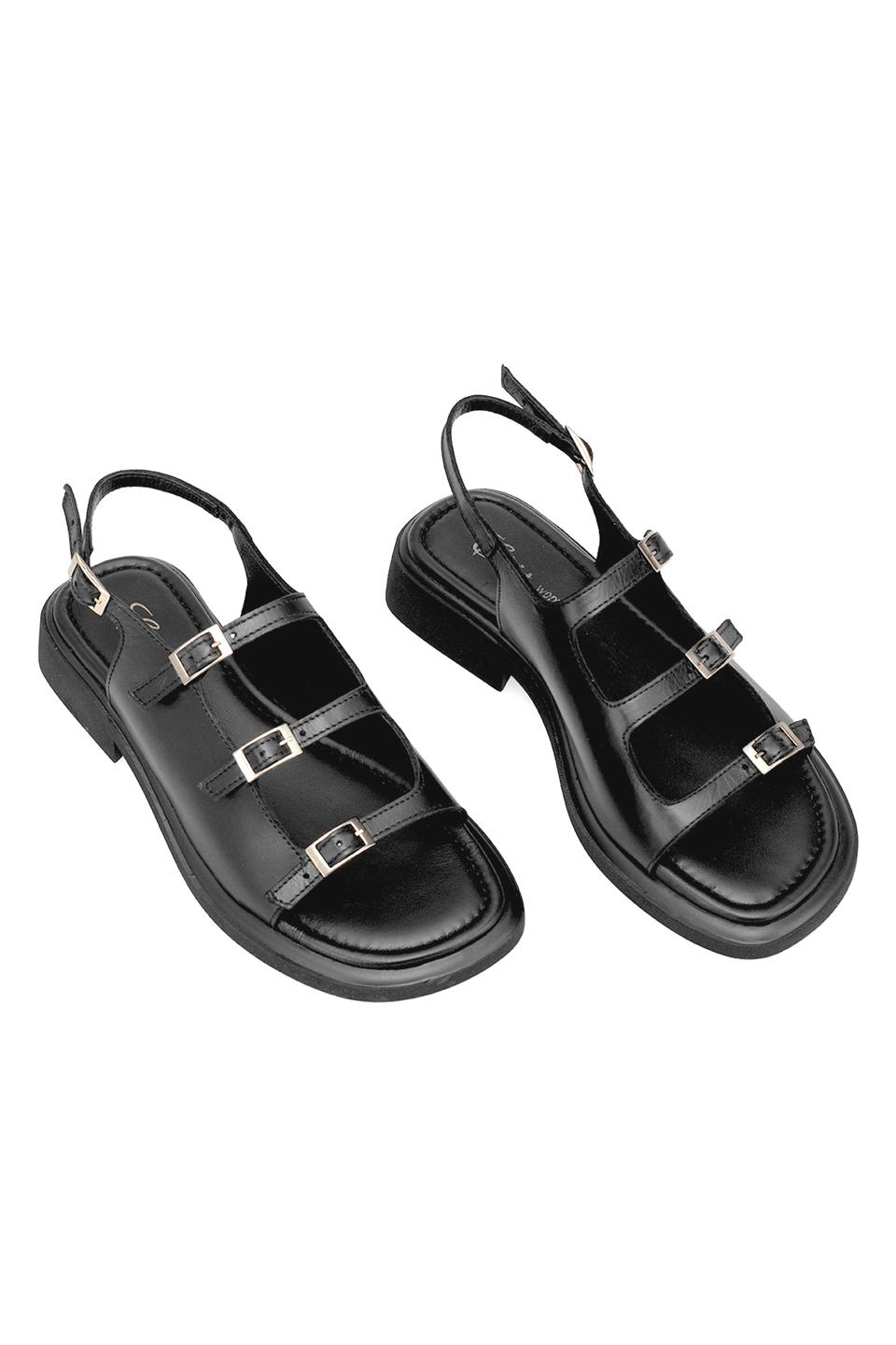 Elit Vivienne Kadın Hakiki Deri Ortopedik Düz Sandalet Siyah