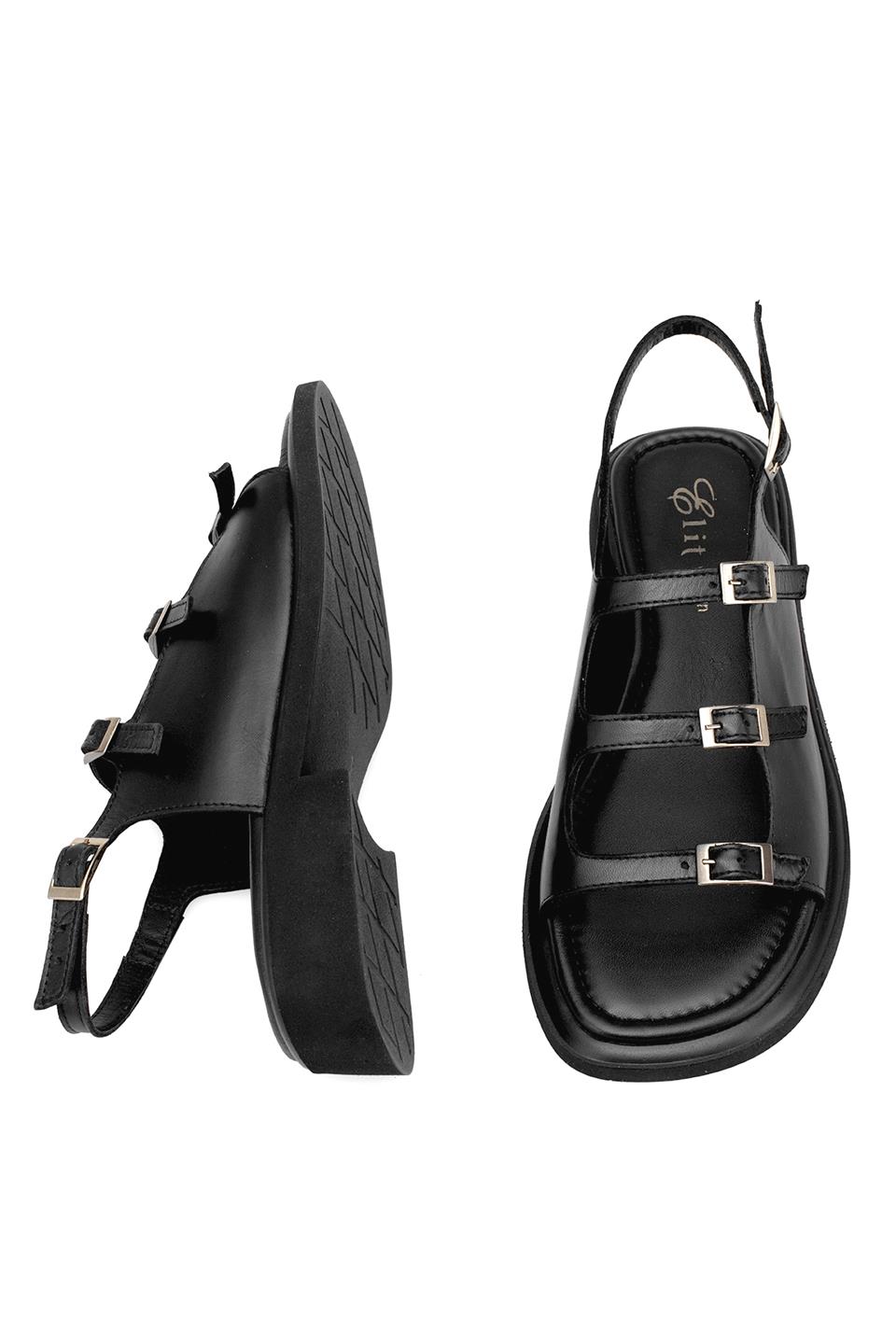 Elit Vivienne Kadın Hakiki Deri Ortopedik Düz Sandalet Siyah