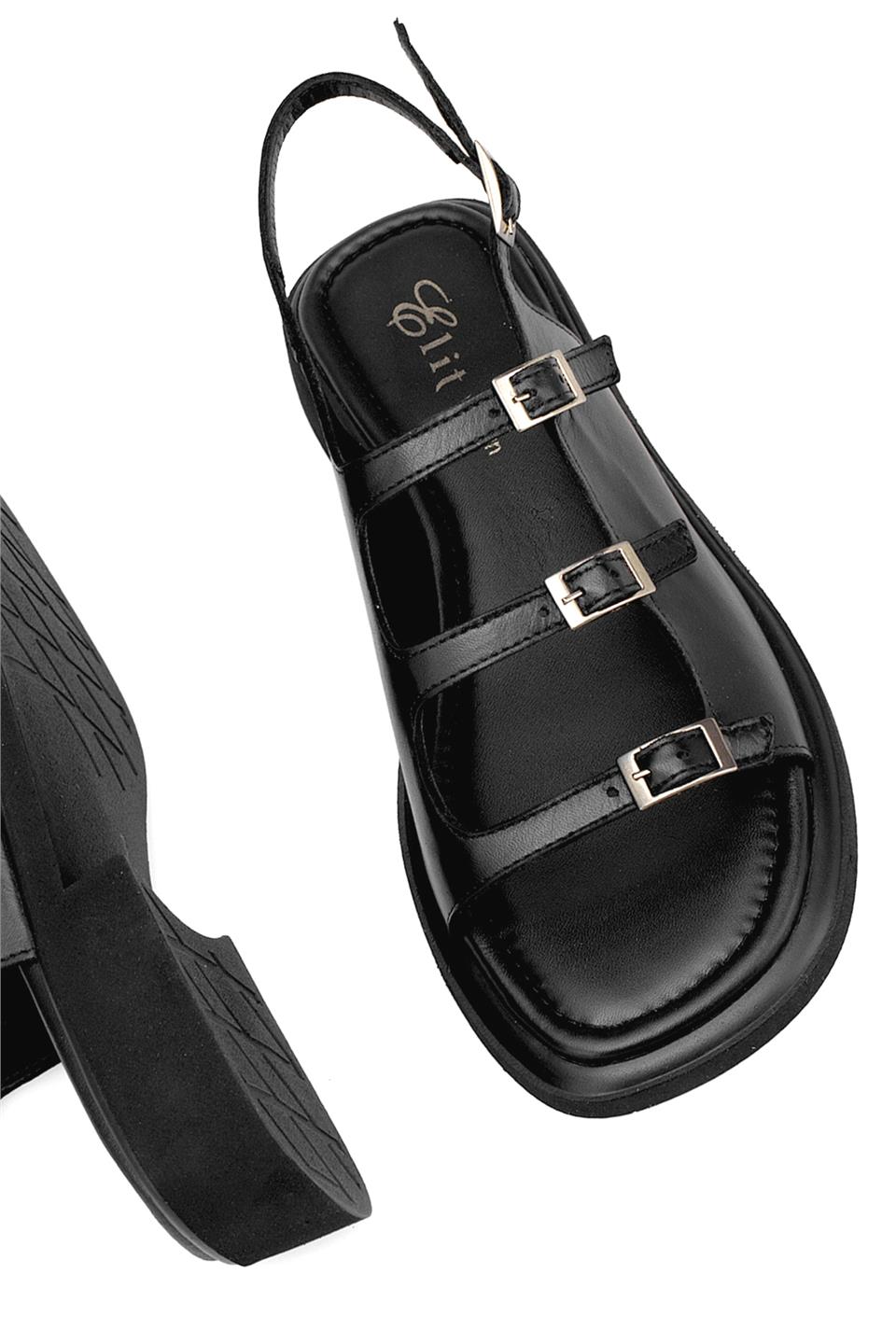 Elit Vivienne Kadın Hakiki Deri Ortopedik Düz Sandalet Siyah