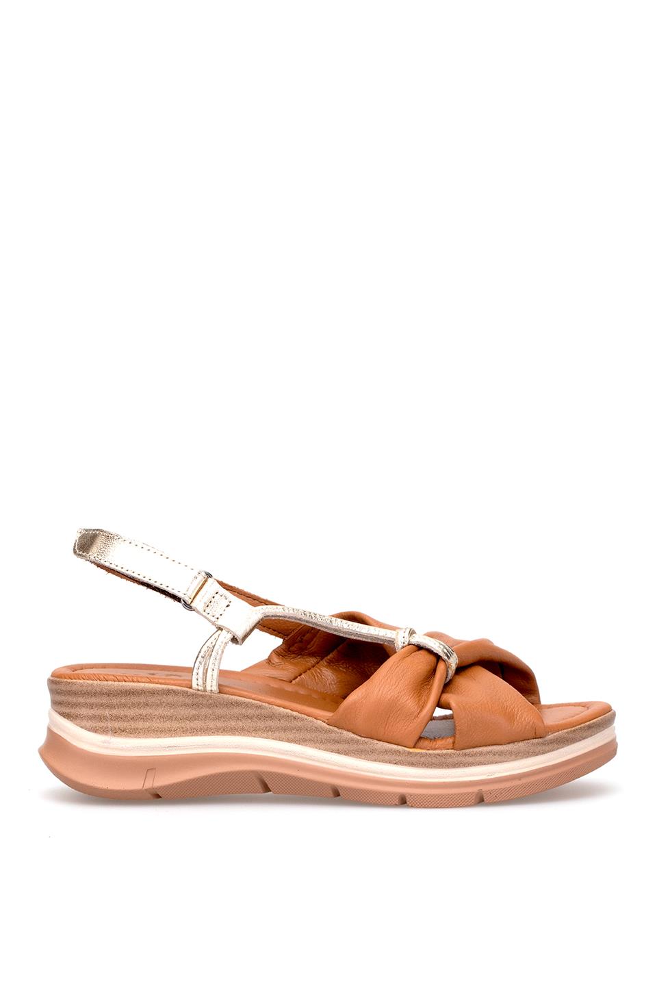 Elit Zeyn 8066 Kadın Hakiki Deri Dolgu Topuk Sandalet Taba