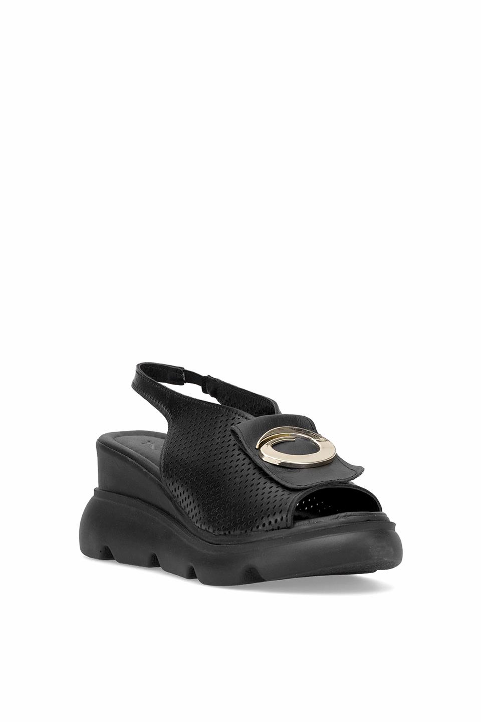 Elit Zeyn 8067 Kadın Hakiki Deri Dolgu Topuk Sandalet Siyah