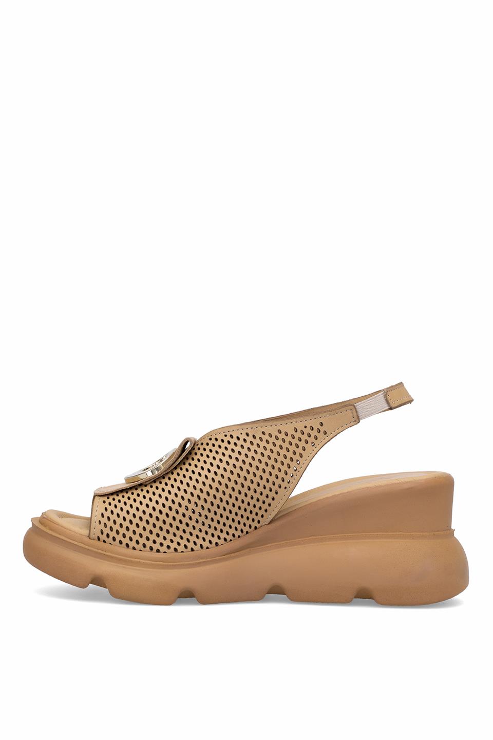 Elit Zeyn 8067 Kadın Hakiki Deri Dolgu Topuk Sandalet Camel