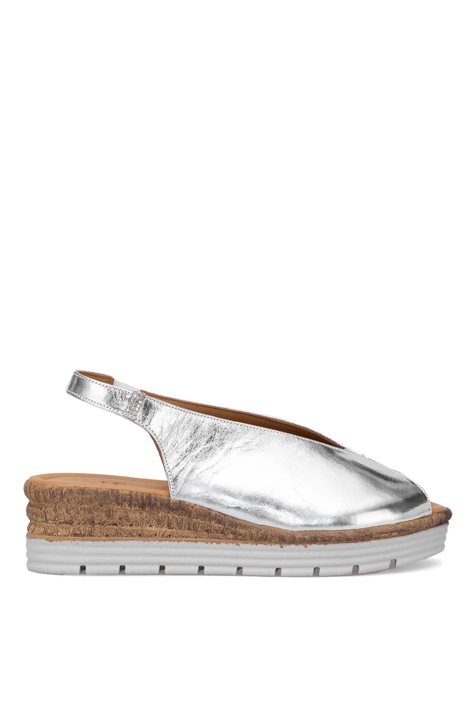 Elit Zeyn8094 Kadın Hakiki Deri Ortopedik Dolgu Topuk Sandalet Gümüş