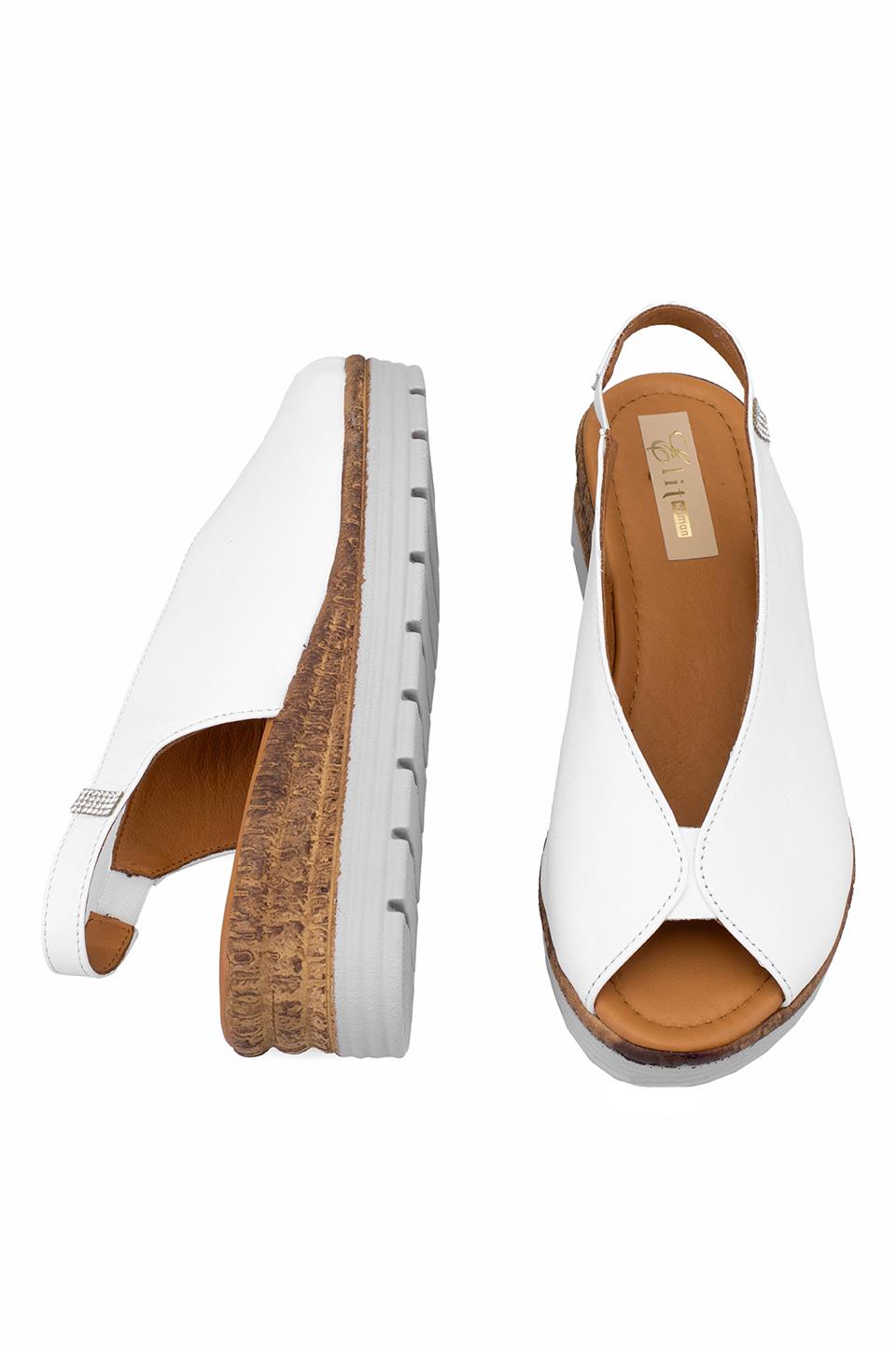 Elit Zeyn8094 Kadın Hakiki Deri Ortopedik Dolgu Topuk Sandalet Beyaz