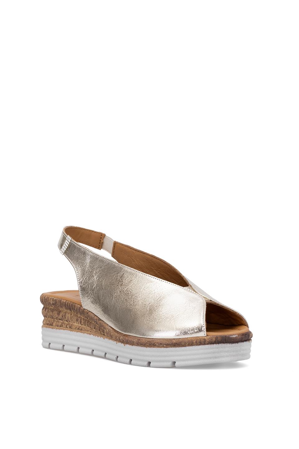 Elit Zeyn8094 Kadın Hakiki Deri Ortopedik Dolgu Topuk Sandalet Altın