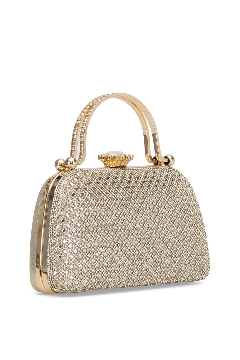 Guja 25KC1289 Kadın Taşlı Kutu Abiye Çanta Altın