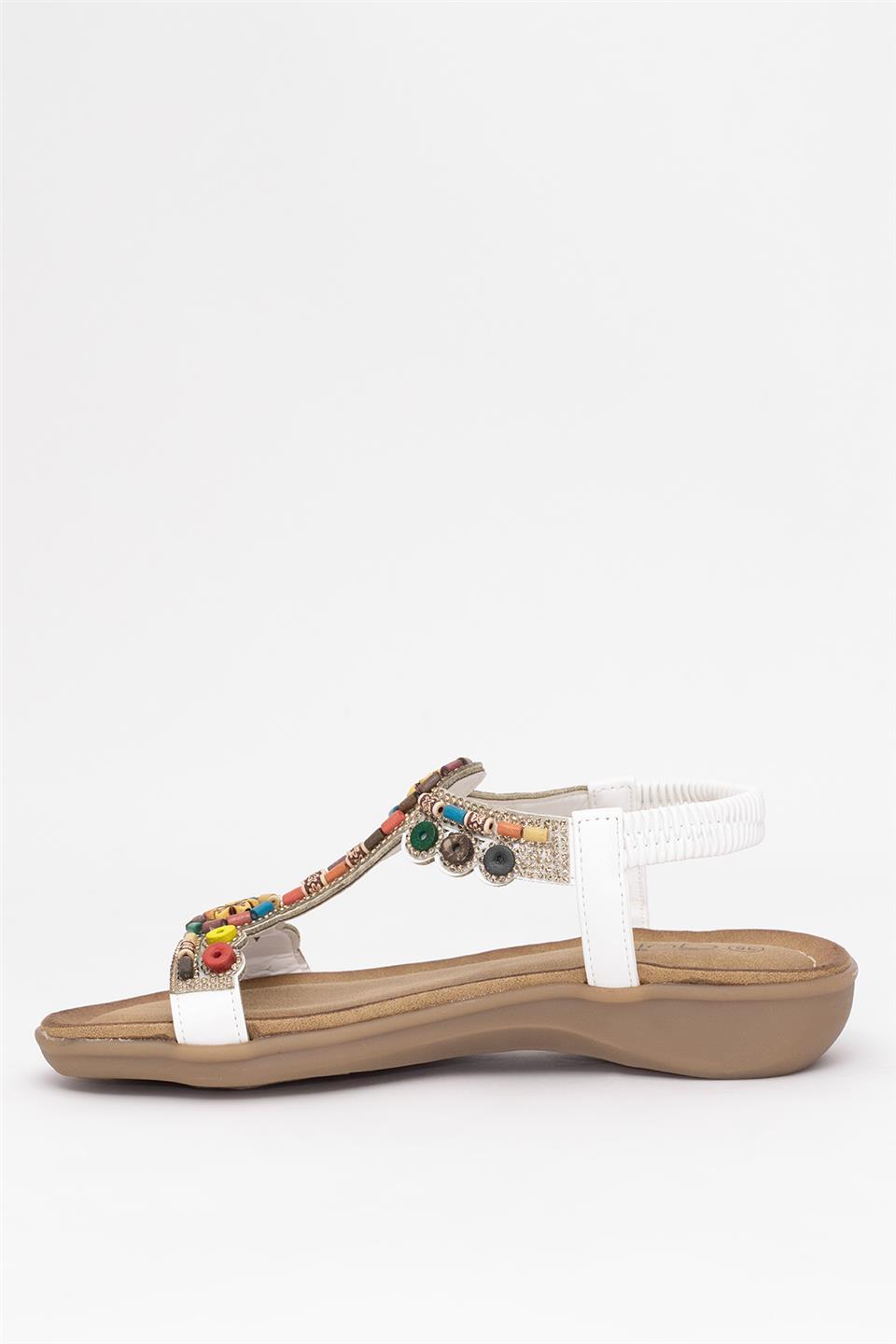 Guja 25Y150-1 Kadın Taşlı Düz Sandalet Beyaz