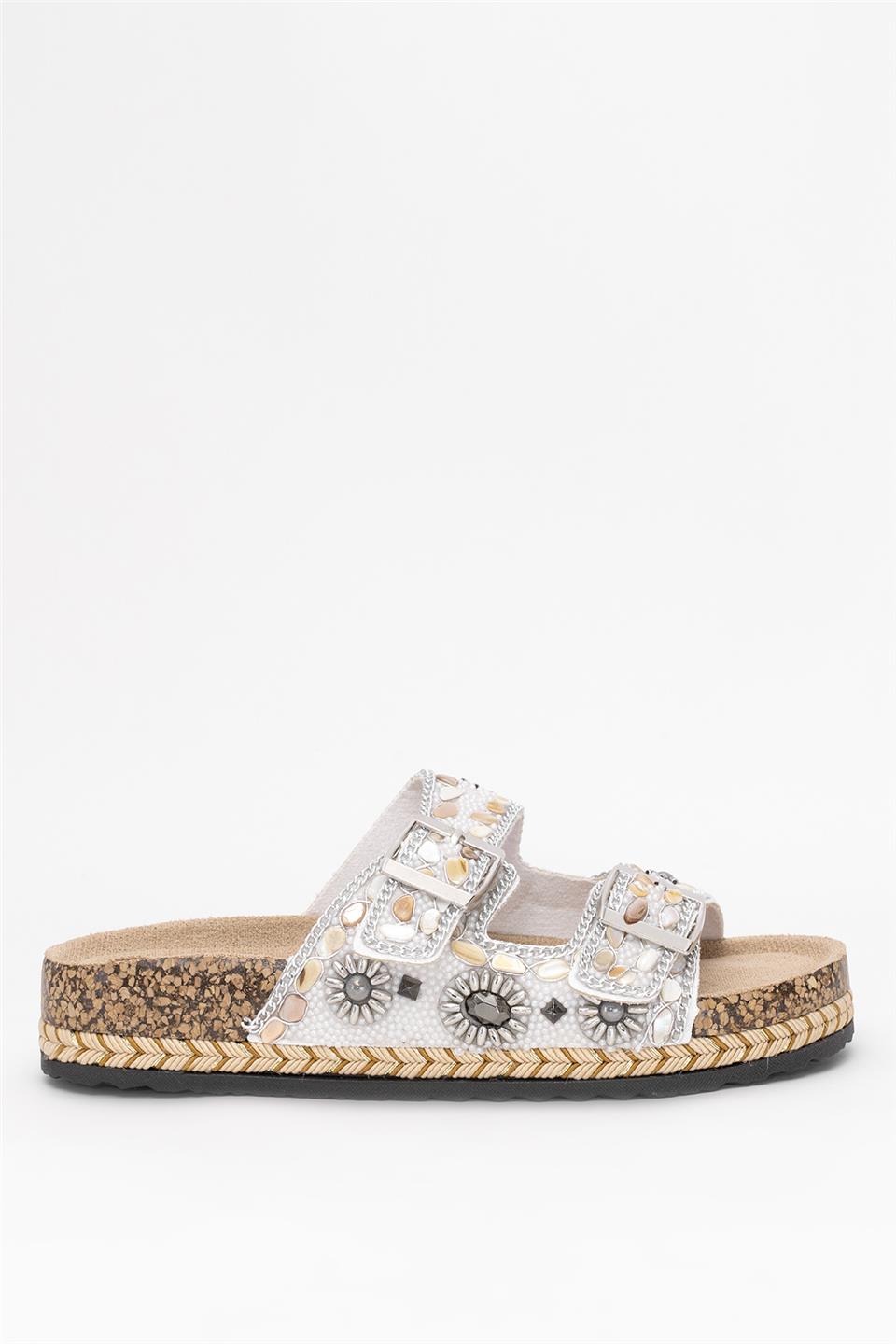 Guja 25Y183-1 Kadın Taşlı Düz Terlik Gümüş