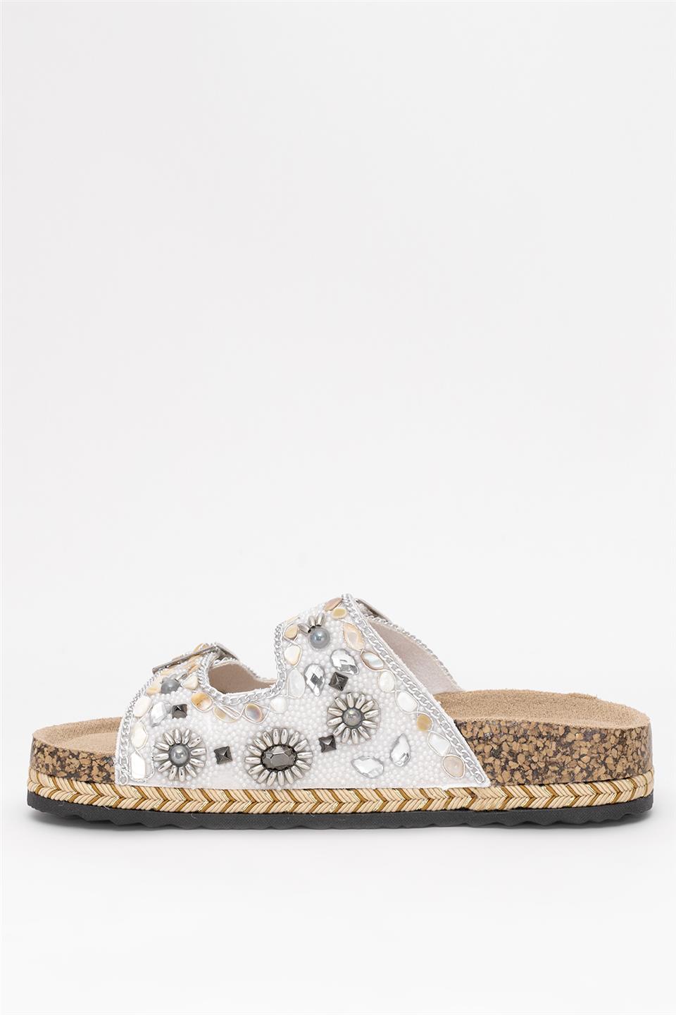 Guja 25Y183-1 Kadın Taşlı Düz Terlik Gümüş