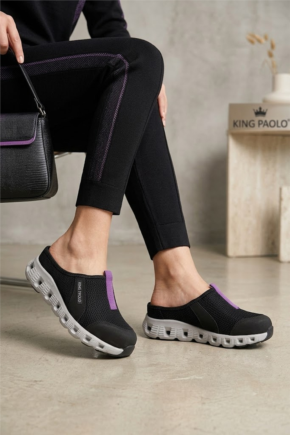 King Paolo H5204 Missy Kadın Memory Foam Sabo Terlik Siyah - Mor