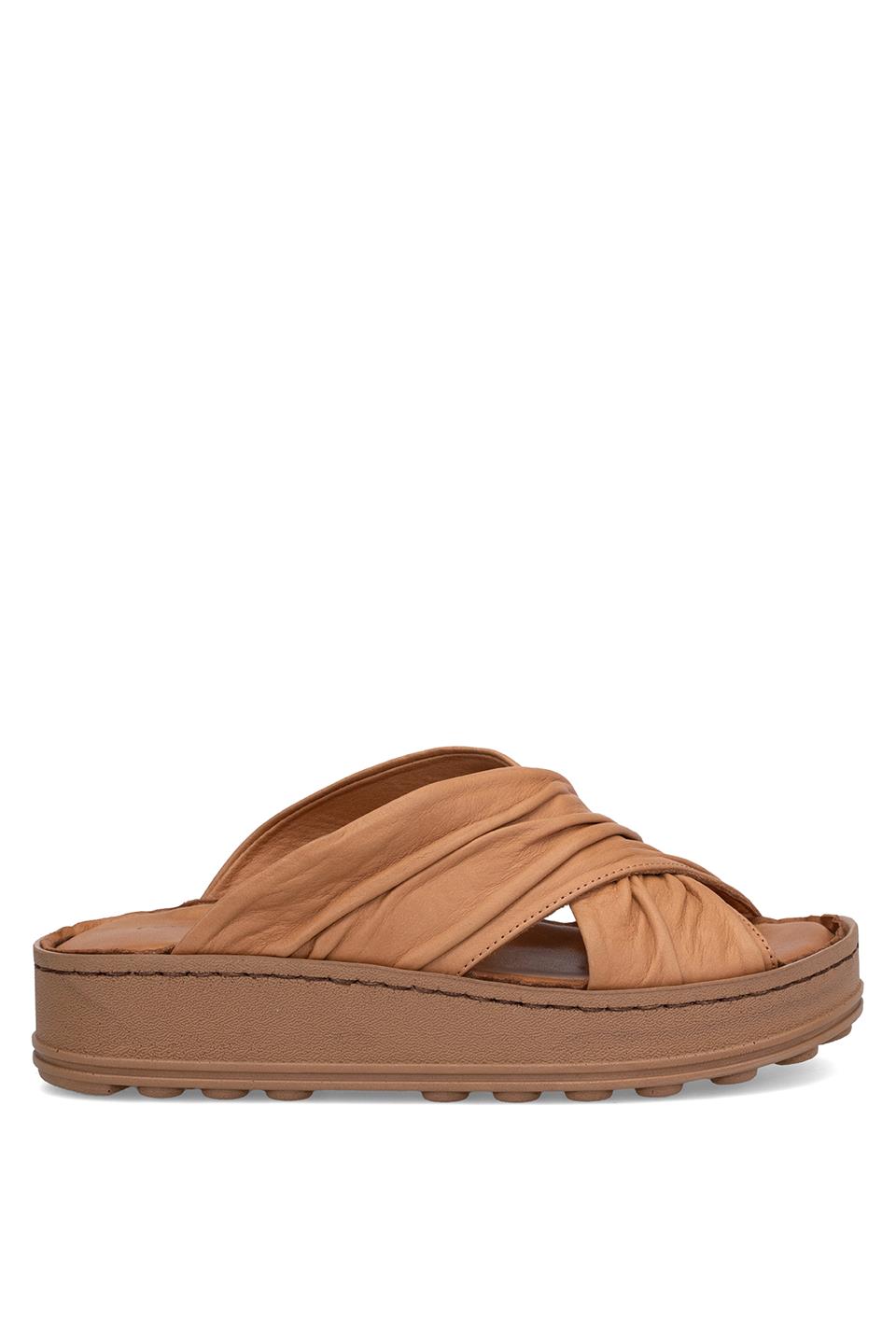 Mammamia D25YT-1430 Kadın Hakiki Deri Düz Terlik Taba