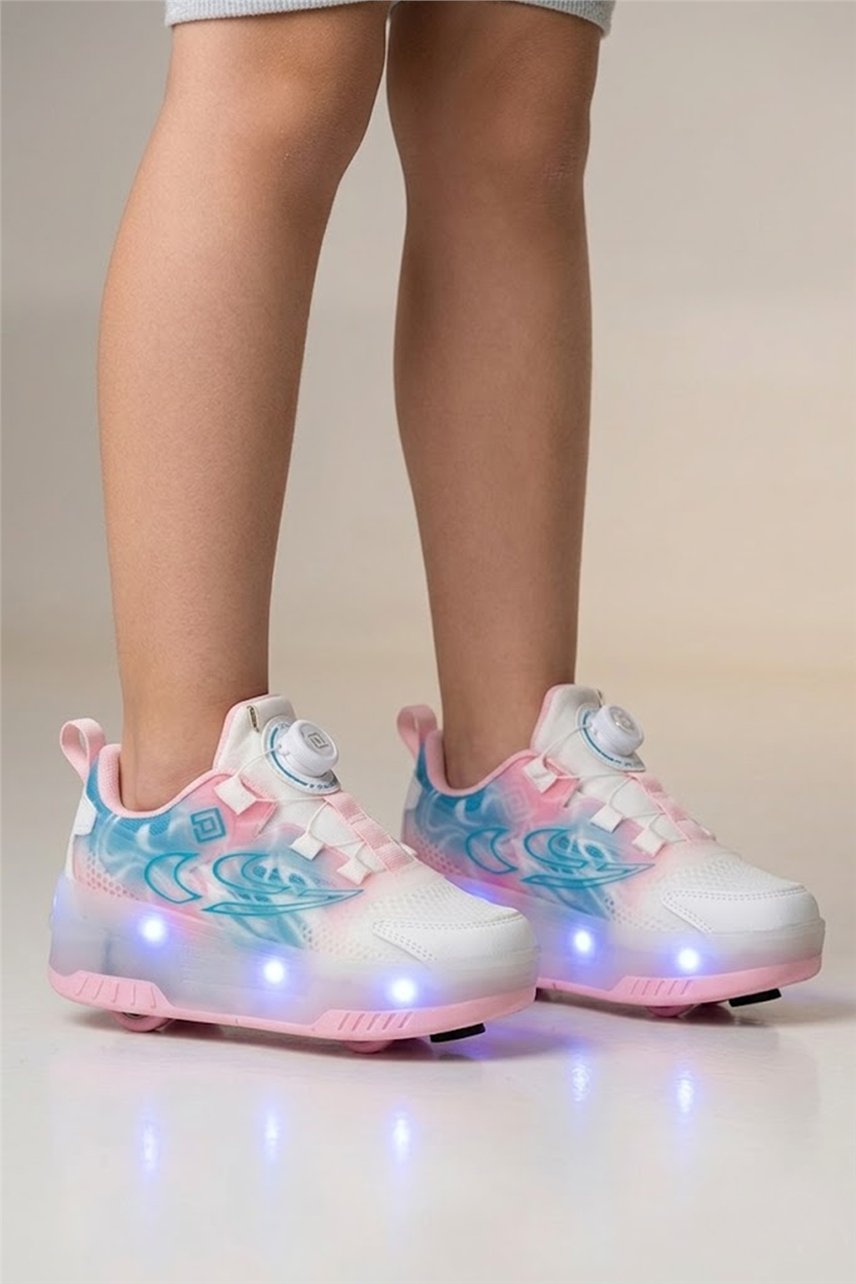 Pepino Kız Çocuk Şarj Edilebilir 16 MOD RGB LED Işıklı Tekerlekli PATEN Ayakkabı Bas-Çek Butonlu Beyaz - Pembe
