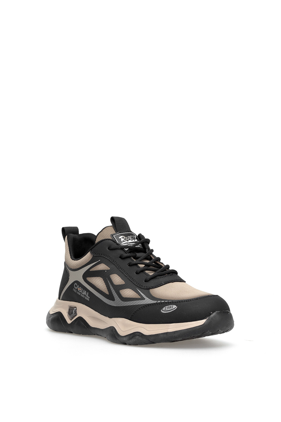 Voyager E087T Erkek Deri-Tekstil Klasik Sneaker Siyah - Bej