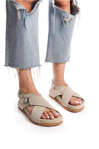 Zeyn 7541C Kadın Hakiki Deri Düz Sandalet Bej