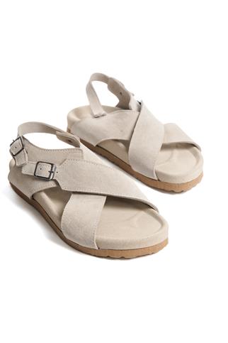 Zeyn 7541C Kadın Hakiki Deri Düz Sandalet Bej