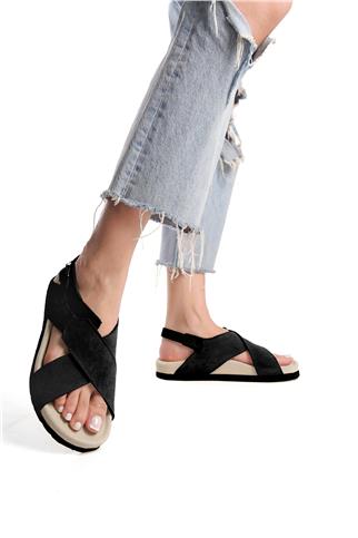 Zeyn 7541C Kadın Hakiki Deri Düz Sandalet Siyah