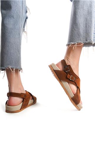 Zeyn 7541C Kadın Hakiki Deri Düz Sandalet Taba