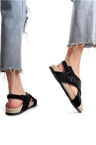 Zeyn 7541C Kadın Hakiki Deri Düz Sandalet Siyah