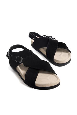 Zeyn 7541C Kadın Hakiki Deri Düz Sandalet Siyah