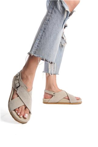 Zeyn 7541C Kadın Hakiki Deri Düz Sandalet Bej