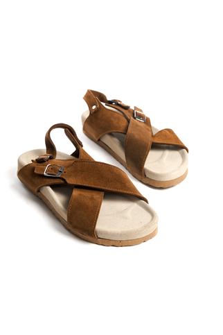 Zeyn 7541C Kadın Hakiki Deri Düz Sandalet Taba