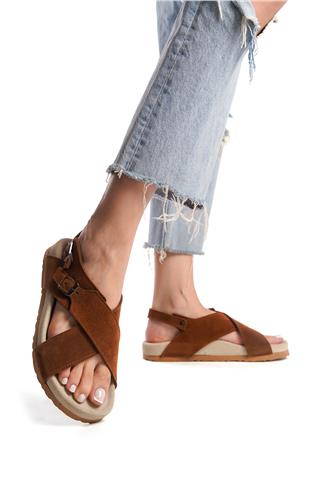 Zeyn 7541C Kadın Hakiki Deri Düz Sandalet Taba