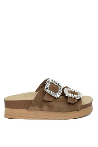 Zeyn 7775S Kadın Hakiki Deri Düz Terlik Taba