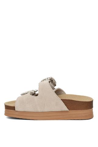 Zeyn 7775S Kadın Hakiki Deri Düz Terlik Bej