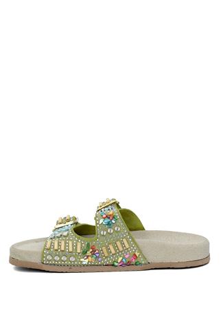 Zeyn 7803N Kadın Hakiki Deri Düz Terlik Fıstık Yeşili