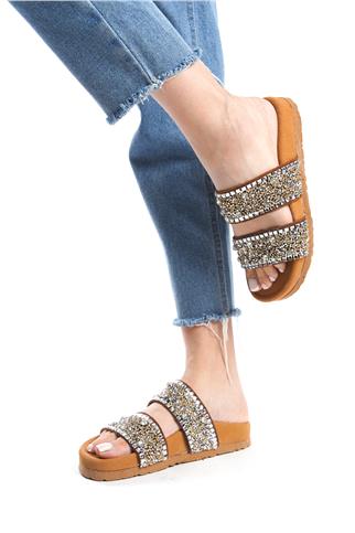 Zeyn 7866S Kadın Hakiki Deri Düz Terlik Taba